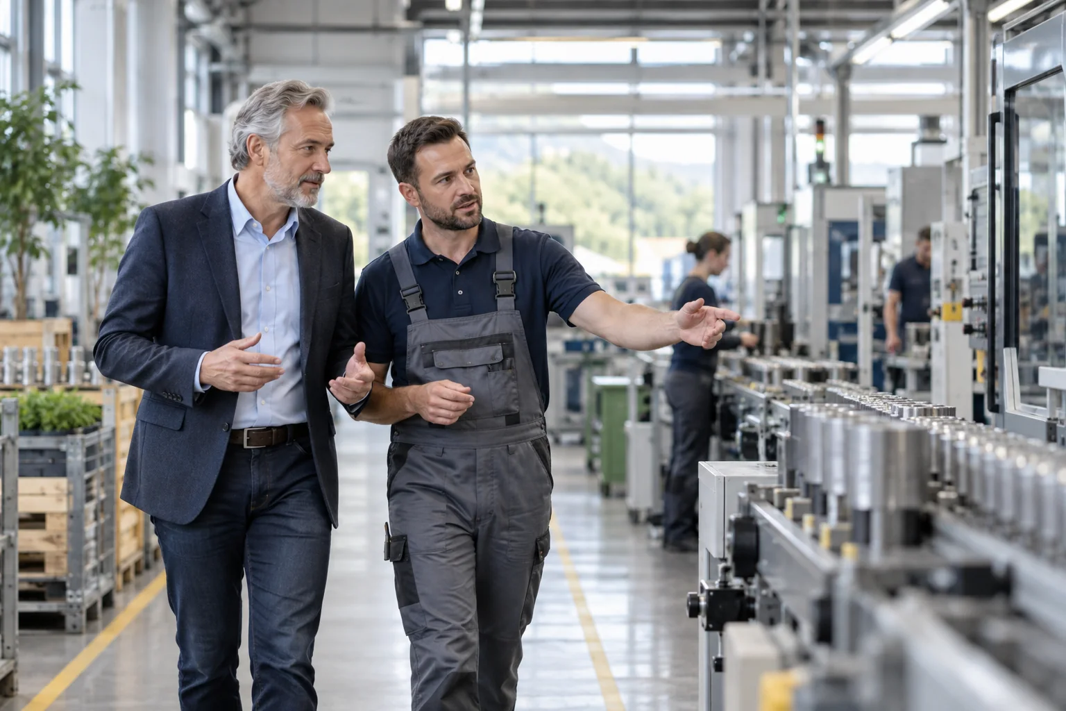 Betriebsinhaber und Produktionsleiter in einem erneuerten Werk